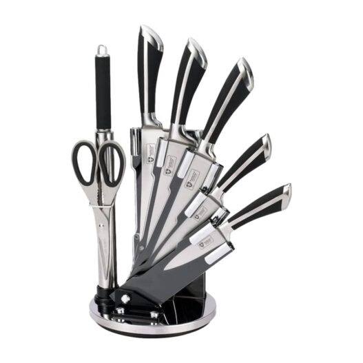 CEPPO DI COLTELLI ROYALITY LINE CON FORBICE, AFFILATOIO E BASE GIREVOLE, 8 PEZZI NERO