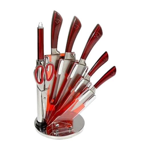 CEPPO DI COLTELLI ROYALITY LINE CON FORBICE, AFFILATOIO E BASE GIREVOLE, 8 PEZZI ROSSO