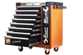 CARRELLO PORTAUTENSILI XXL 8 CASSETTI 7 COMPLETI DI UTENSILI CON PIANALE ACCIAIO E  SPORTELLO FRONTALE KRAFT MULLER
