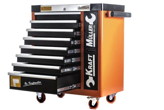 CARRELLO PORTAUTENSILI XXL 8 CASSETTI 7 COMPLETI DI UTENSILI CON PIANALE ACCIAIO E  SPORTELLO FRONTALE KRAFT MULLER