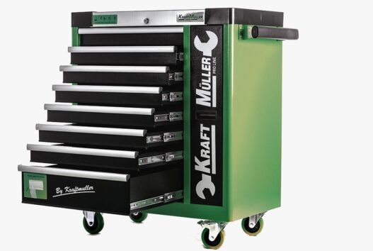 CARRELLO PORTAUTENSILI XXL 8 CASSETTI 7 COMPLETI DI UTENSILI CON PIANALE ACCIAIO E  SPORTELLO FRONTALE KRAFT MULLER